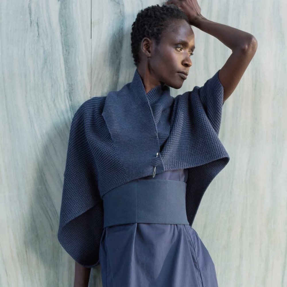 Dramatic Blue Cardigan with Cape-Like Sleeves